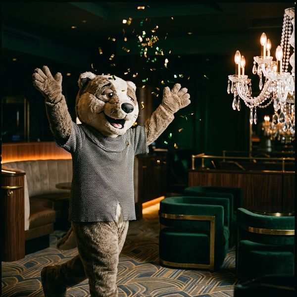 Reluctant hero mascot celebrating with raised arms