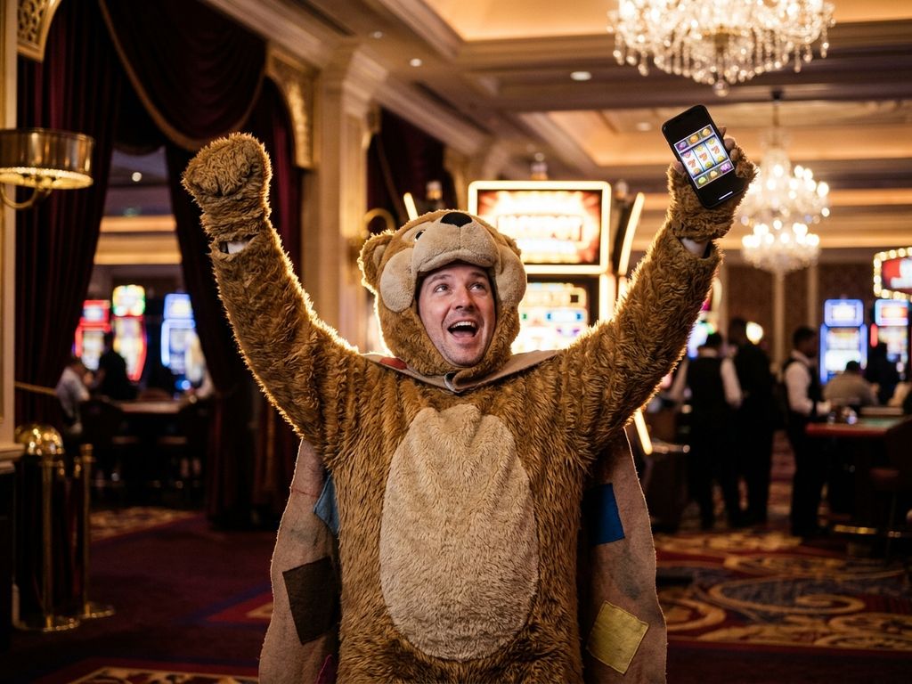 Costumed mascot celebrating with smartphone on casino floor