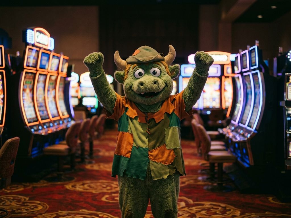 Costumed hero mascot celebrating on casino floor