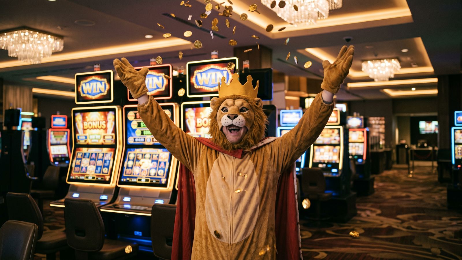 Reluctant hero mascot celebrating triumphantly on casino floor